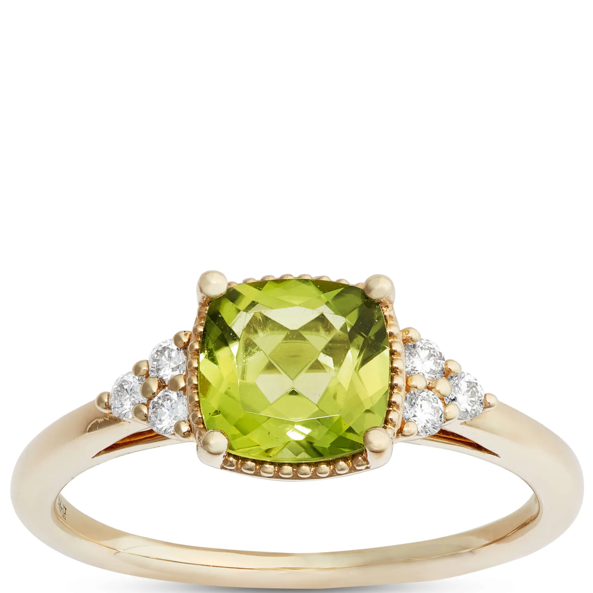 Cushion Cut Peridot and Diamond Ring, 14K Yellow Gold