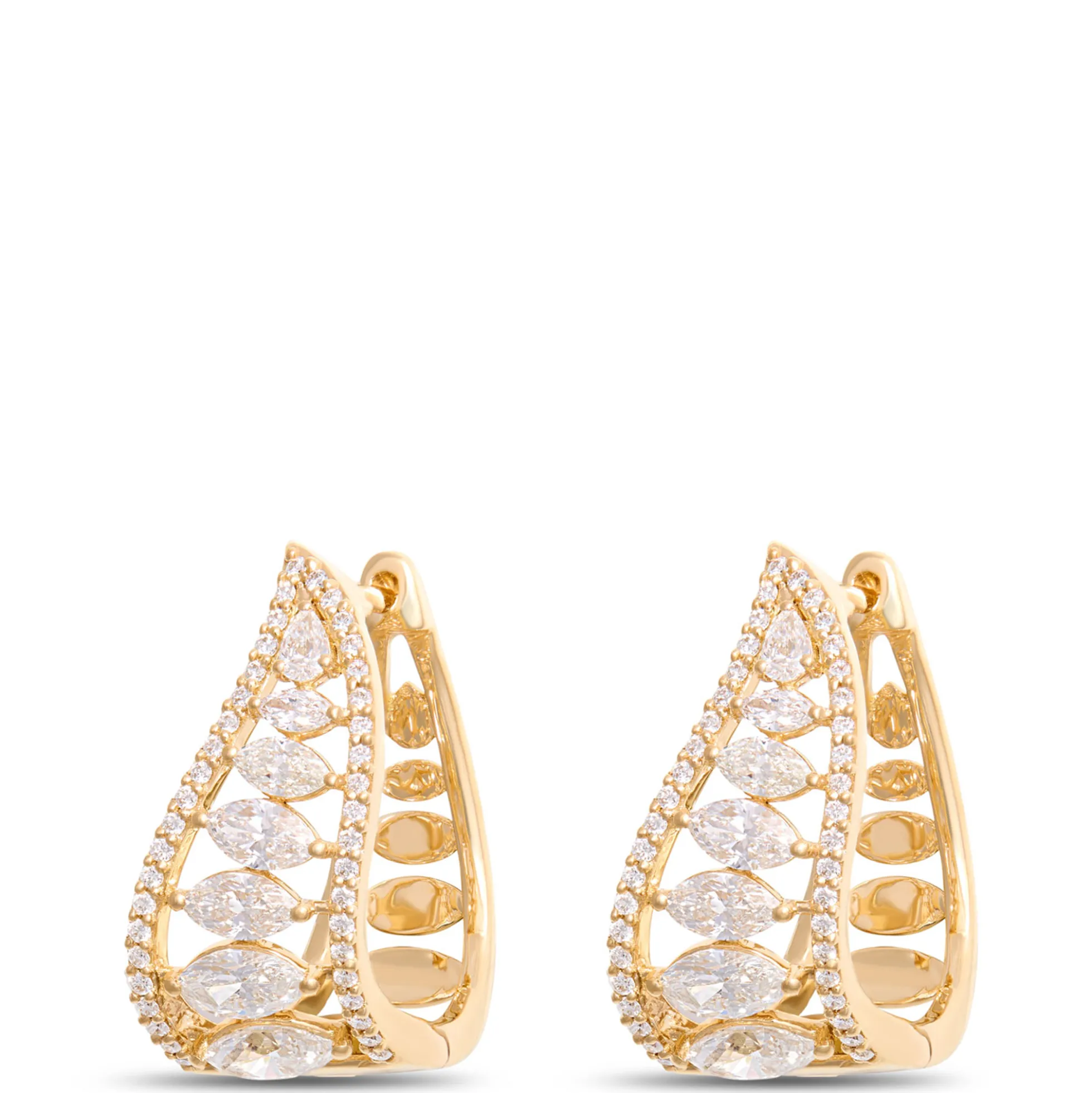 Diamond Cluster Earrings, Open Leaf Pattern, 2 Total Carat Weight, 14K Yellow Gold