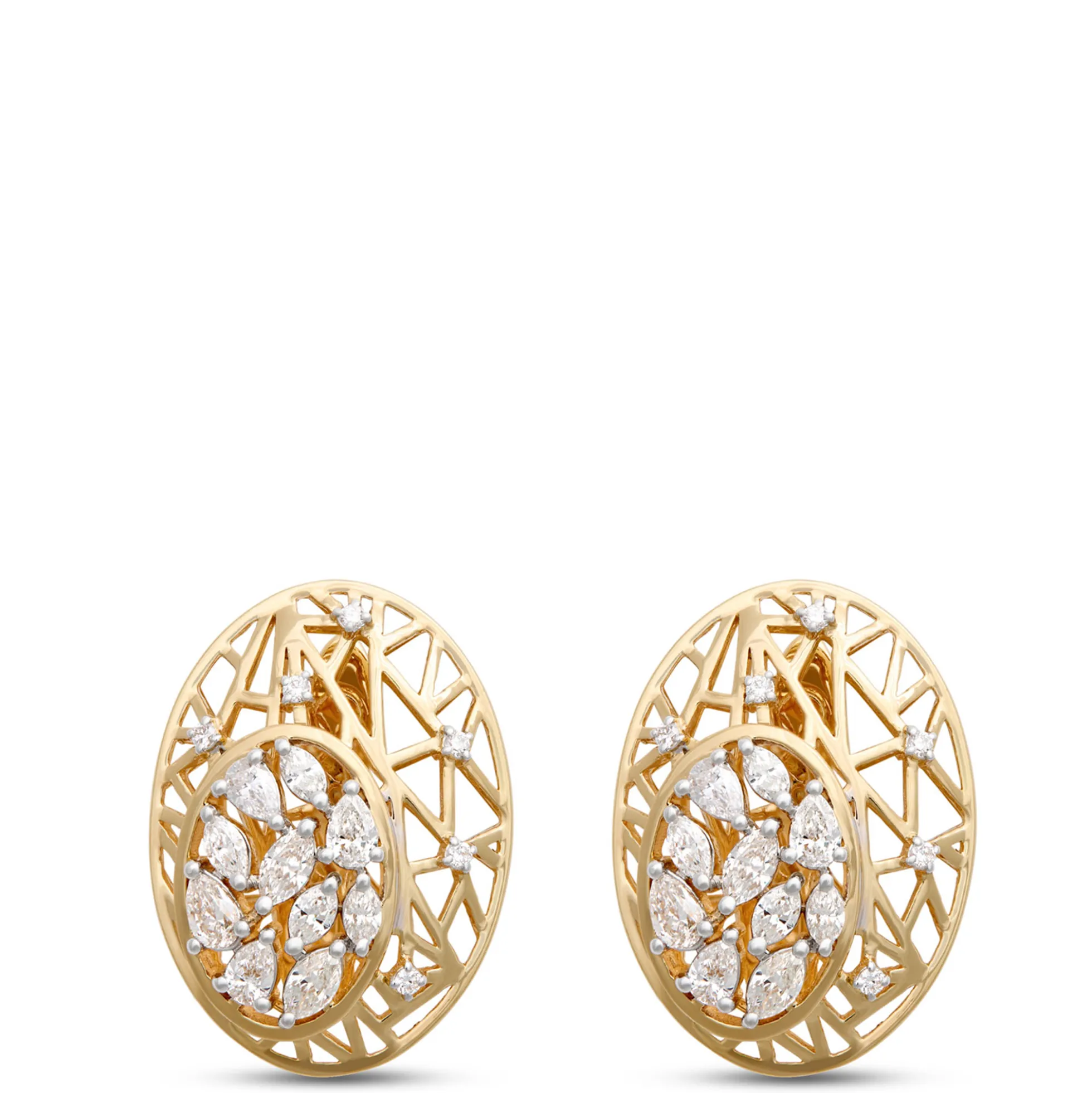 Diamond Cluster Filigree Earrings, 1 ½ Total Carat Weight, 14K Yellow Gold