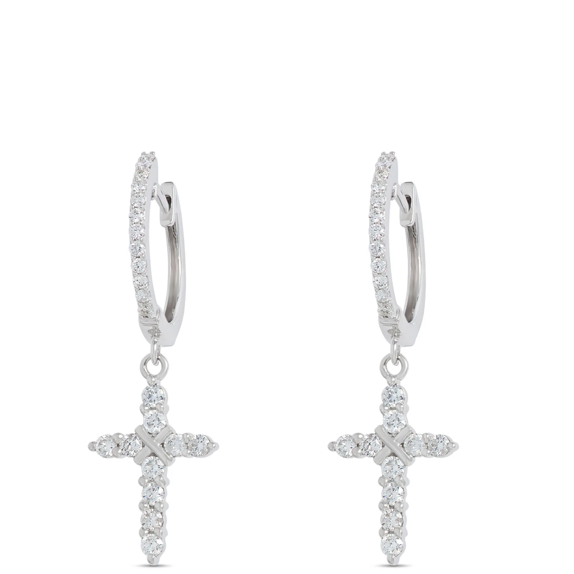 Diamond Cross Dangle Earrings, 14K White Gold