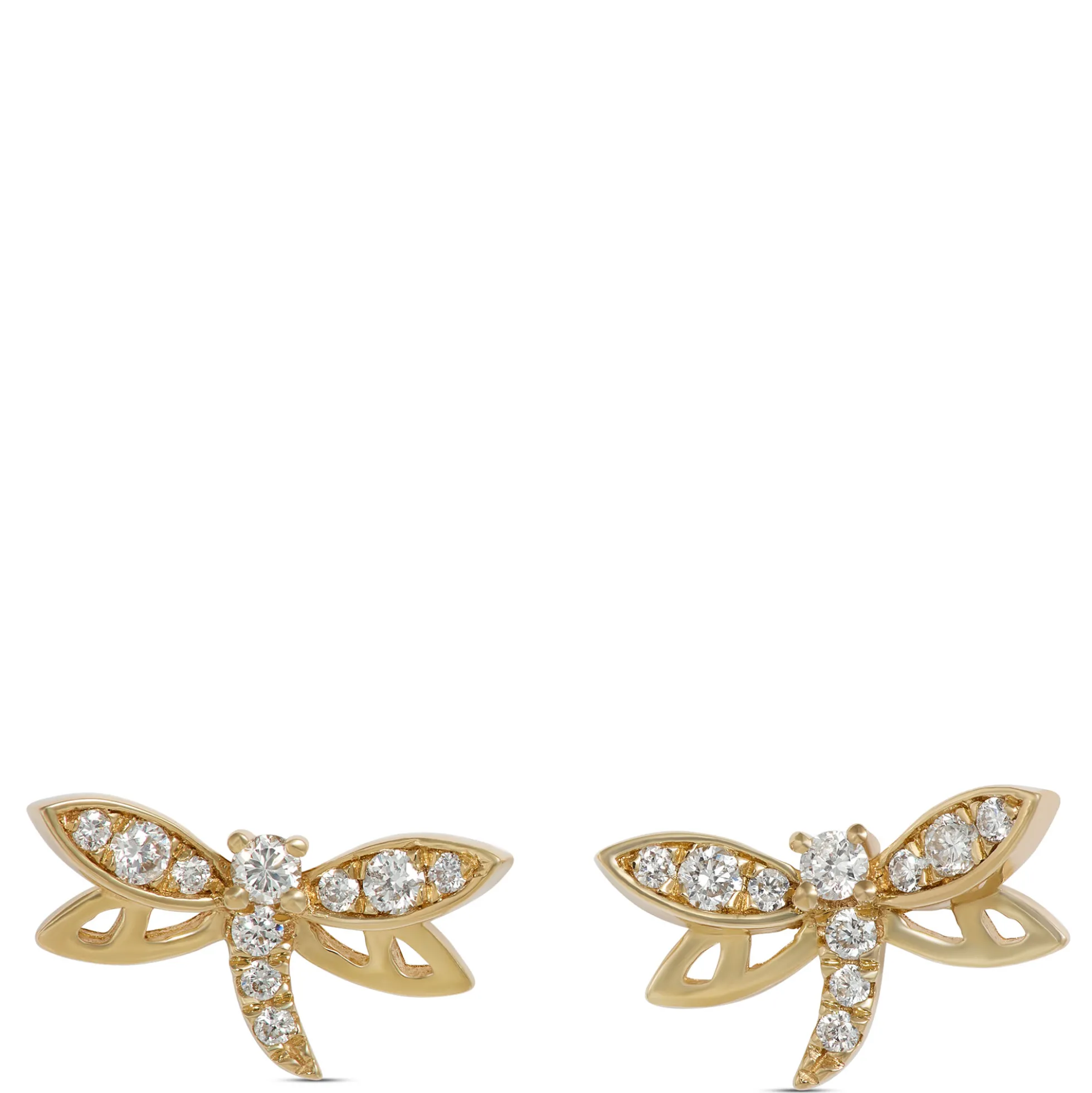 Diamond Dragonfly Studs, 14K Yellow Gold