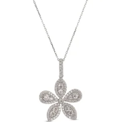 Diamond Flower Shaped Pendant Necklace, 14K White Gold