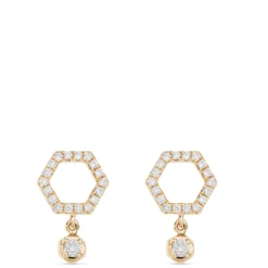 Diamond Hex Shape Dangle Earrings, 14K Yellow Gold