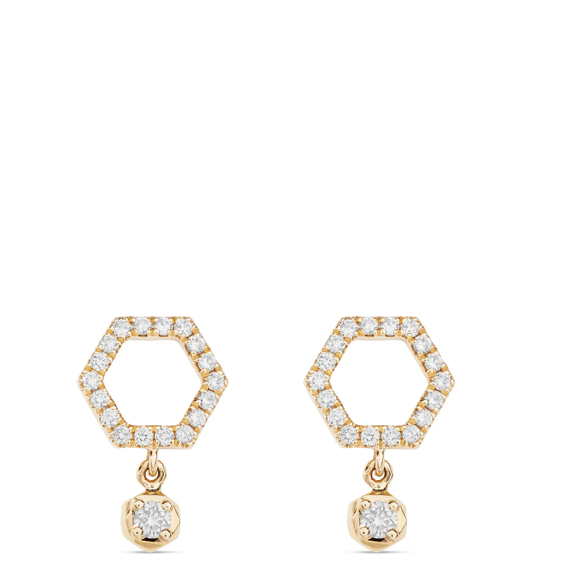 Diamond Hex Shape Dangle Earrings, 14K Yellow Gold