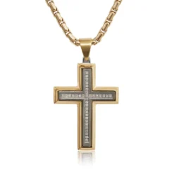 Diamond, Stainless Steel and Ion Plated Gold Cross