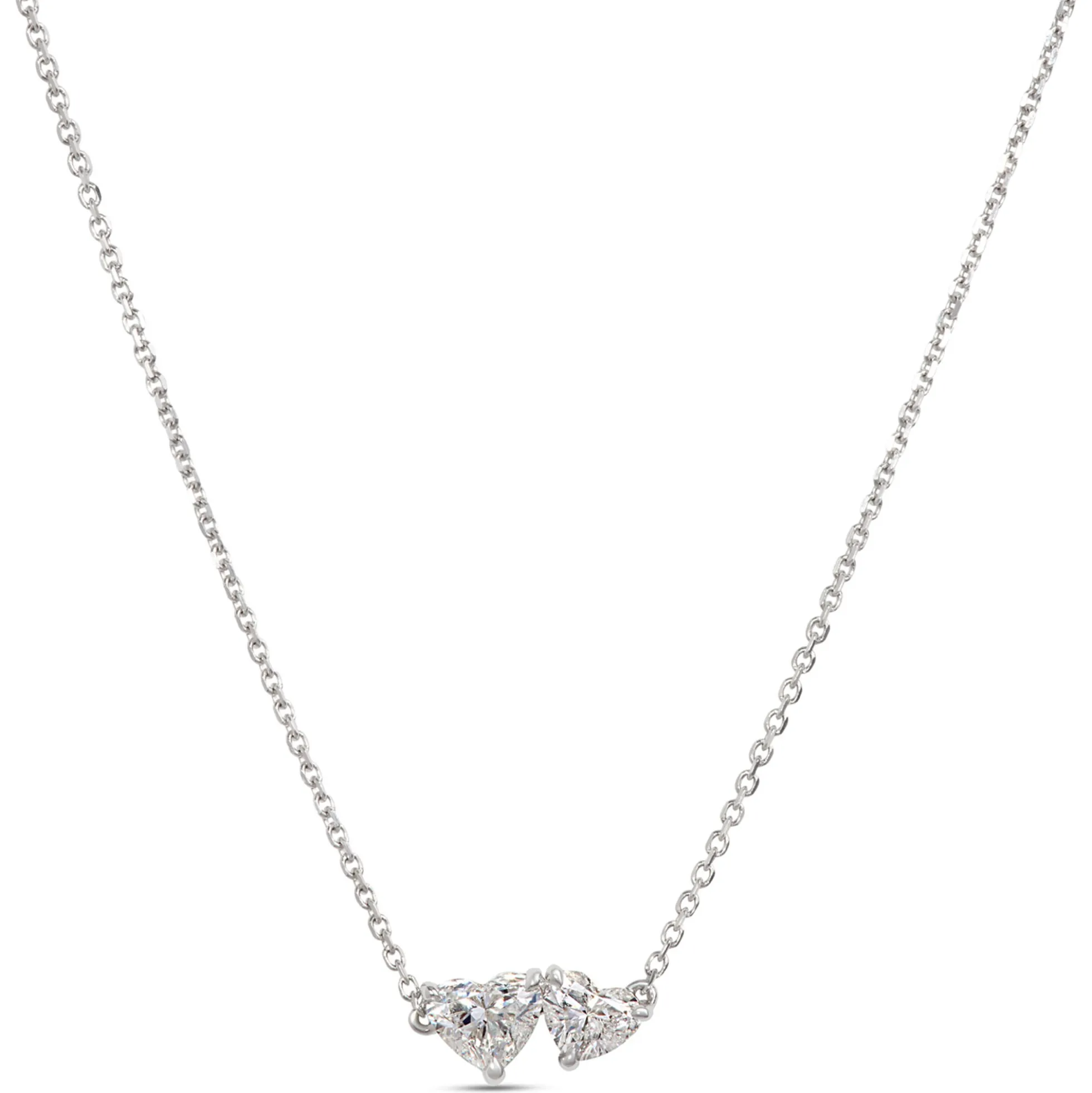 Double Heart Diamond Necklace, 14K White Gold