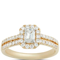 Double Shank Emerald Cut Diamond Halo Ring in 14K Yellow Gold