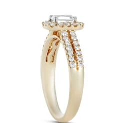 Double Shank Emerald Cut Diamond Halo Ring in 14K Yellow Gold
