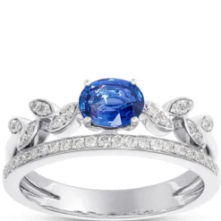 Elegant Oval Sapphire Leaf Pattern Ring with Diamonds, 14K White Gold