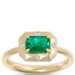Emerald and Diamond Ring, 18K Yellow Gold Size 7