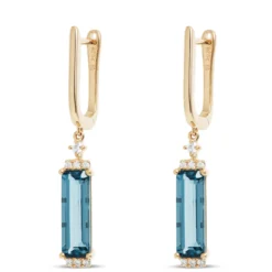 Emerald Cut Blue Topaz Drop Earrings, 14K Yellow Gold