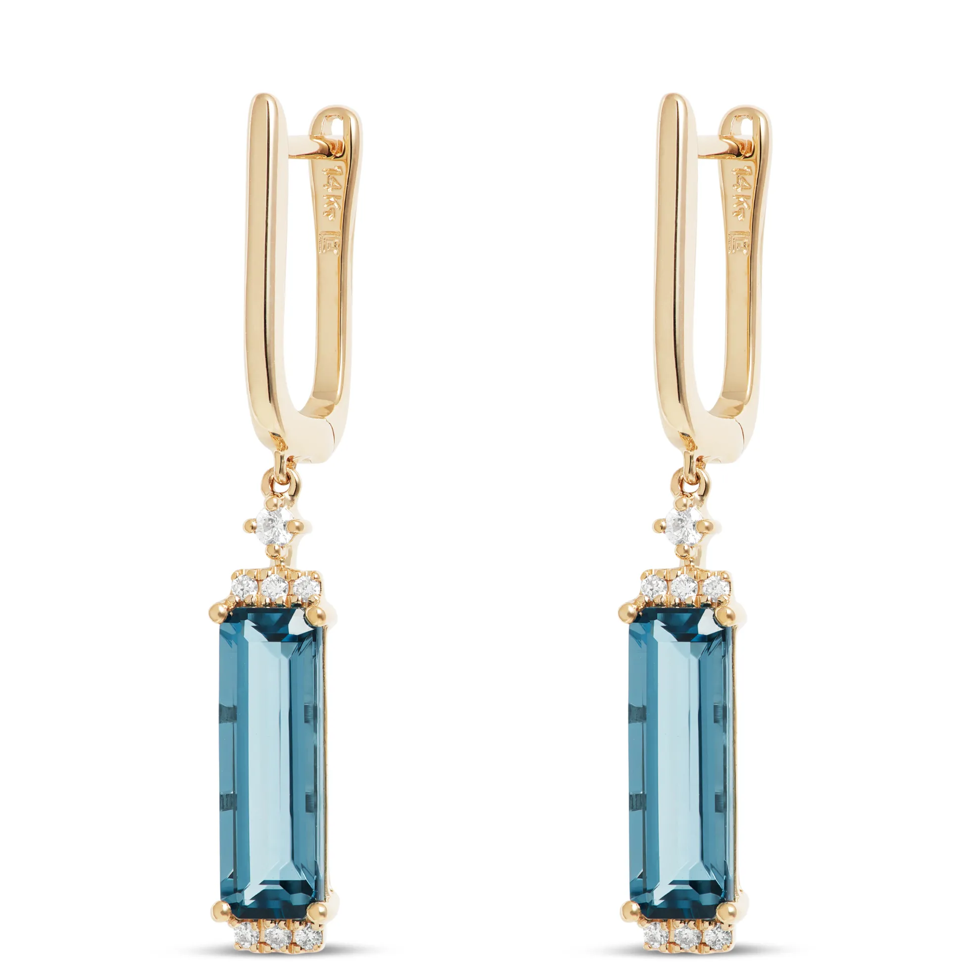 Emerald Cut Blue Topaz Drop Earrings, 14K Yellow Gold