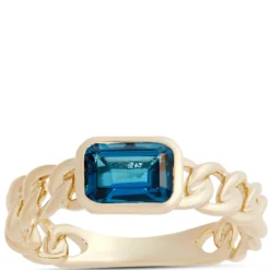 Emerald Cut Blue Tourmaline Linked Shank Ring, 14K Yellow Gold