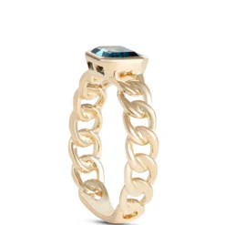 Emerald Cut Blue Tourmaline Linked Shank Ring, 14K Yellow Gold