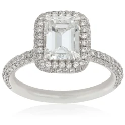 Emerald Cut Diamond Double Halo Engagement Ring 18K