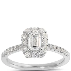 Emerald Cut Diamond Halo Bridal Ring, 14K White Gold