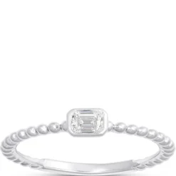 Emerald Cut Diamond Ring with Beaded Shank, 14K White Gold