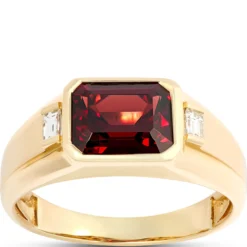 Emerald Cut Garnet Ring with Baguatte Diamonds, ⅕ Total Carat Weight, 14K Yellow Gold