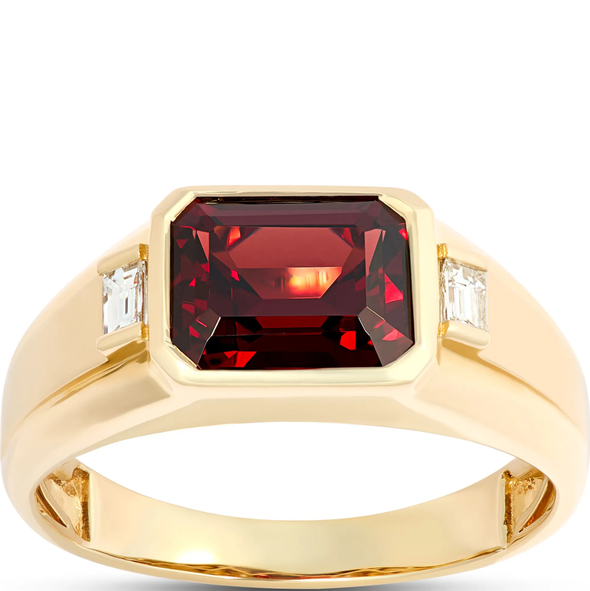 Emerald Cut Garnet Ring with Baguatte Diamonds, ⅕ Total Carat Weight, 14K Yellow Gold