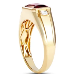 Emerald Cut Garnet Ring with Baguatte Diamonds, ⅕ Total Carat Weight, 14K Yellow Gold