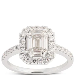 Emerald Cut Halo Engagement Ring, 14K White Gold