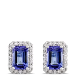 Emerald Cut Tanzanite and Diamond Studs, 14K White Gold
