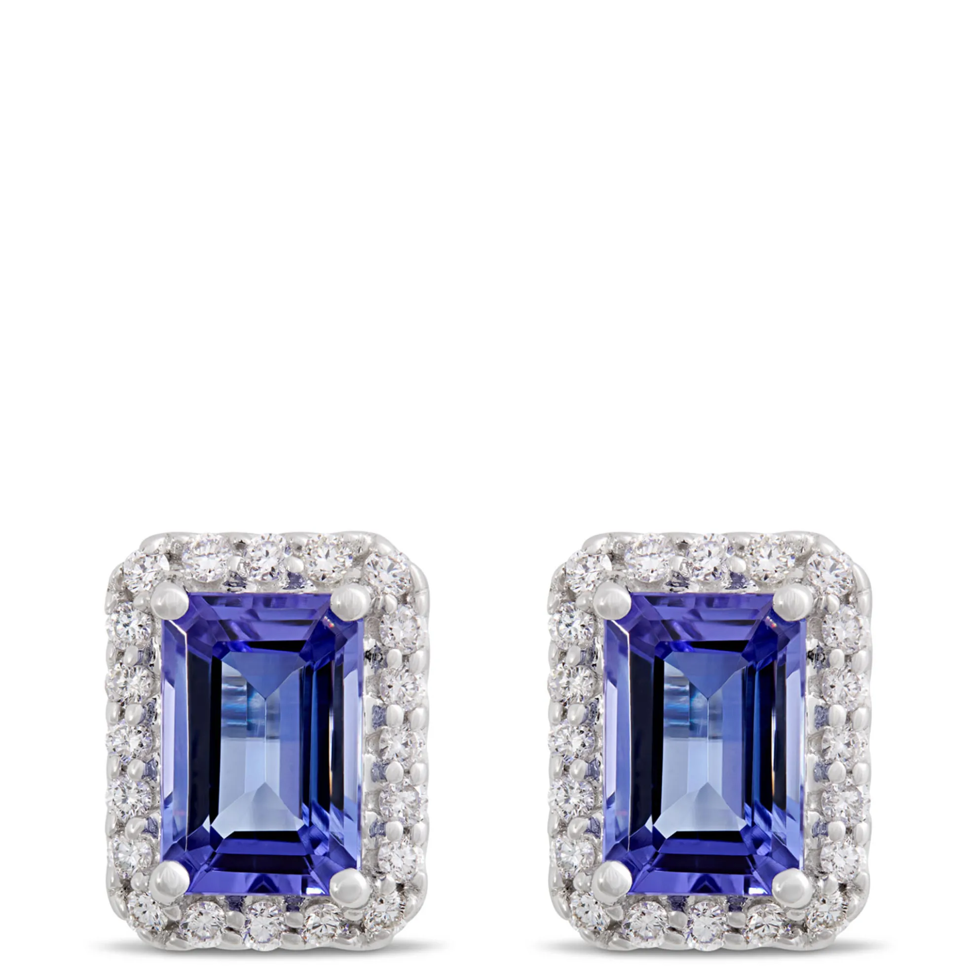 Emerald Cut Tanzanite and Diamond Studs, 14K White Gold