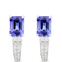 Emerald Cut Tanzanite and Round Diamond Earrings, 14K White Gold
