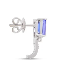 Emerald Cut Tanzanite and Round Diamond Earrings, 14K White Gold