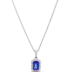 Emerald Cut Tanzanite Pendant with Diamond Halo, 14K White Gold