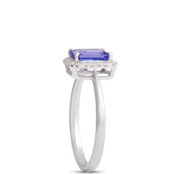 Emerald Cut Tanzanite Ring with Diamond Halo, 14K White Gold
