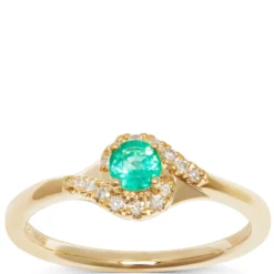 Emerald & Diamond Halo Swirl Ring, 14K Yellow Gold