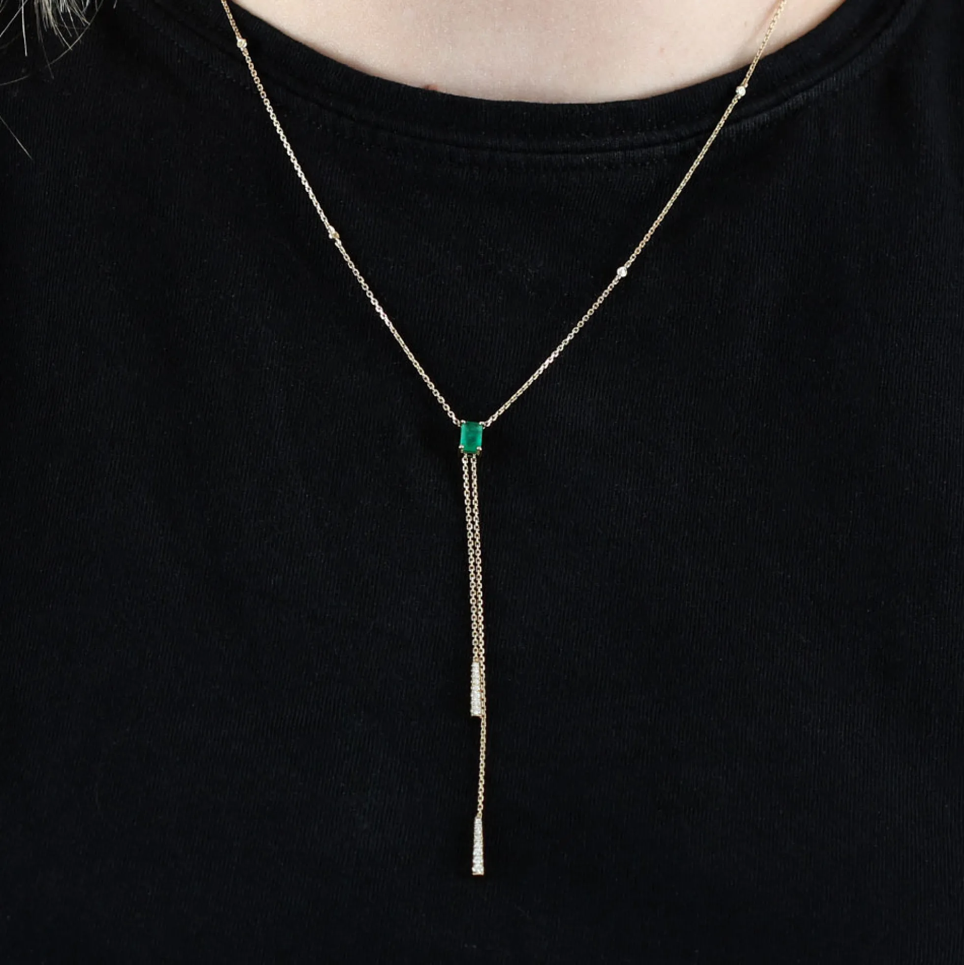 Emerald & Diamond Stationary Lariat Necklace, 14K Yellow Gold