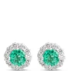 Emerald Stud Earrings with Diamond Halo, 14K White Gold