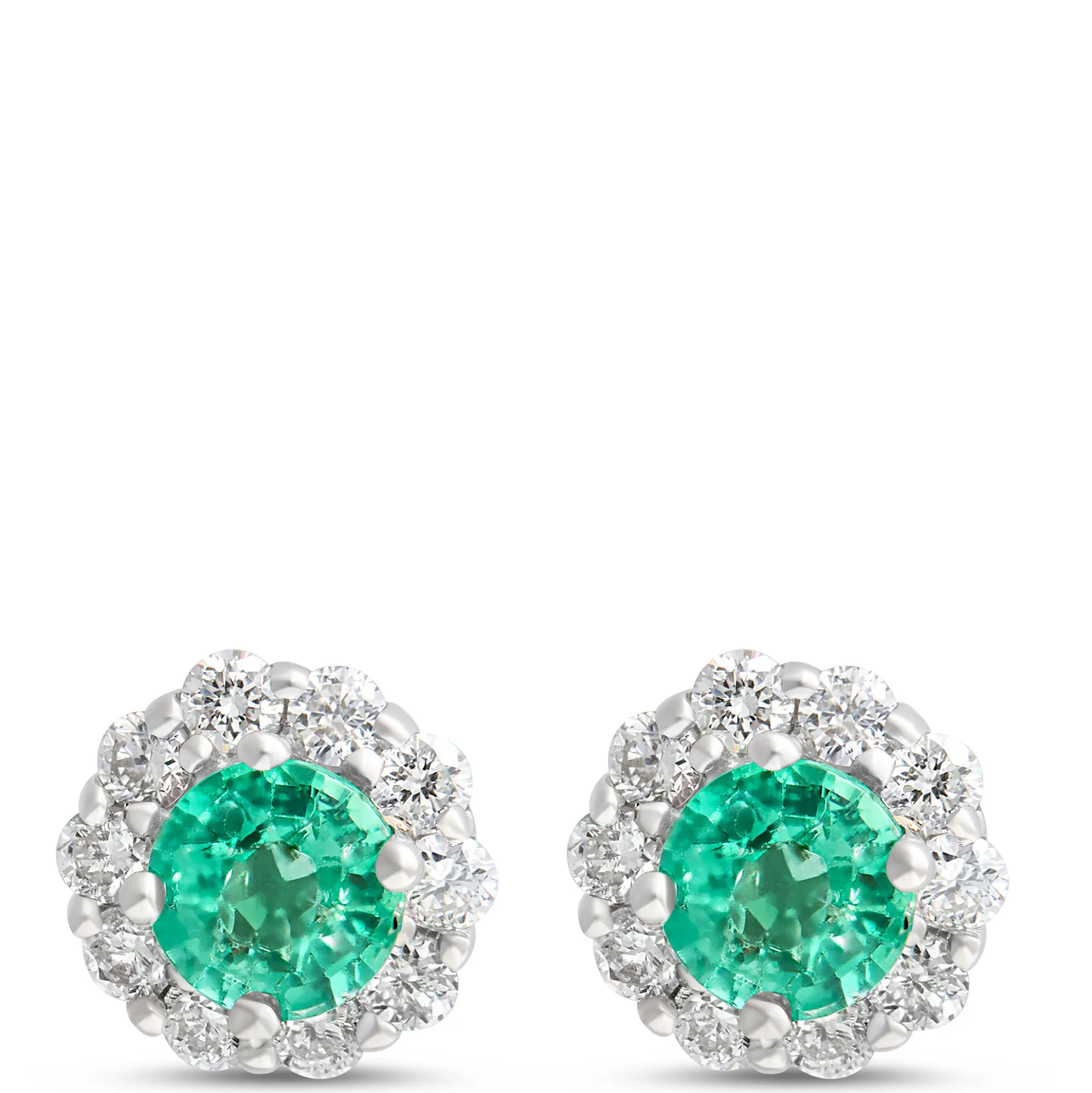 Emerald Stud Earrings with Diamond Halo, 14K White Gold