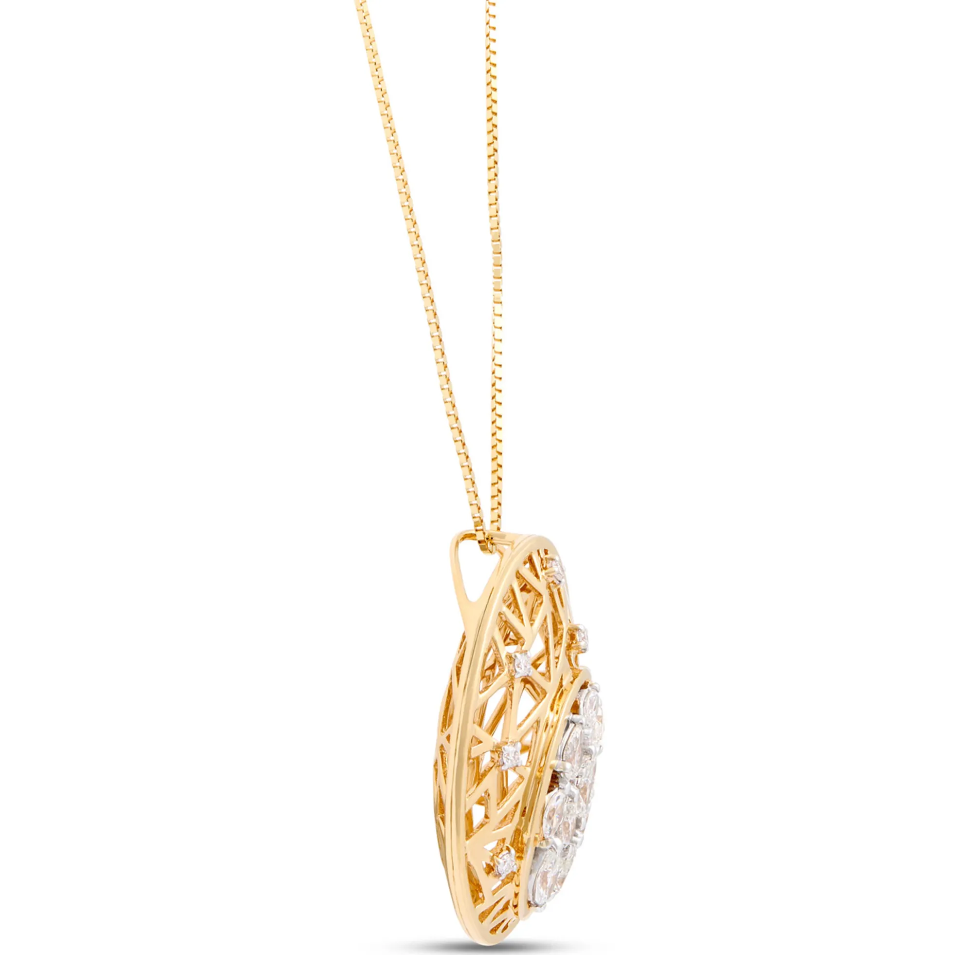 Filigree Pendant Necklace with Diamond Cluster, 1 Carat, 14k Yellow Gold