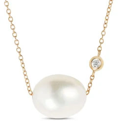 Floating Freshwater Cultured Pearl & Diamond Necklace 14K