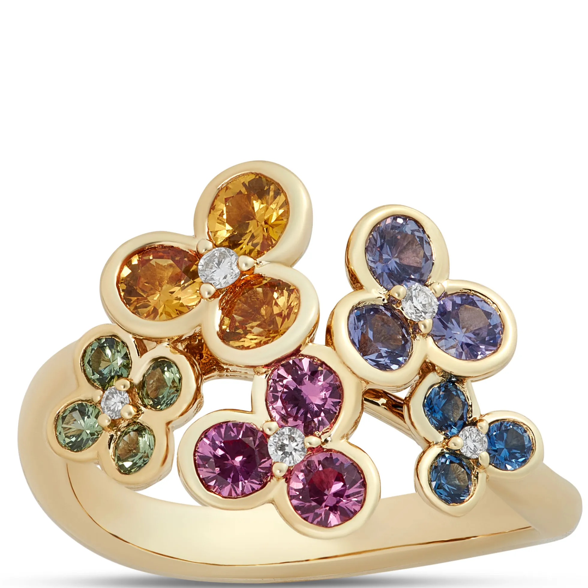 Floral Rainbow Sapphire Ring, 14k Yellow Gold