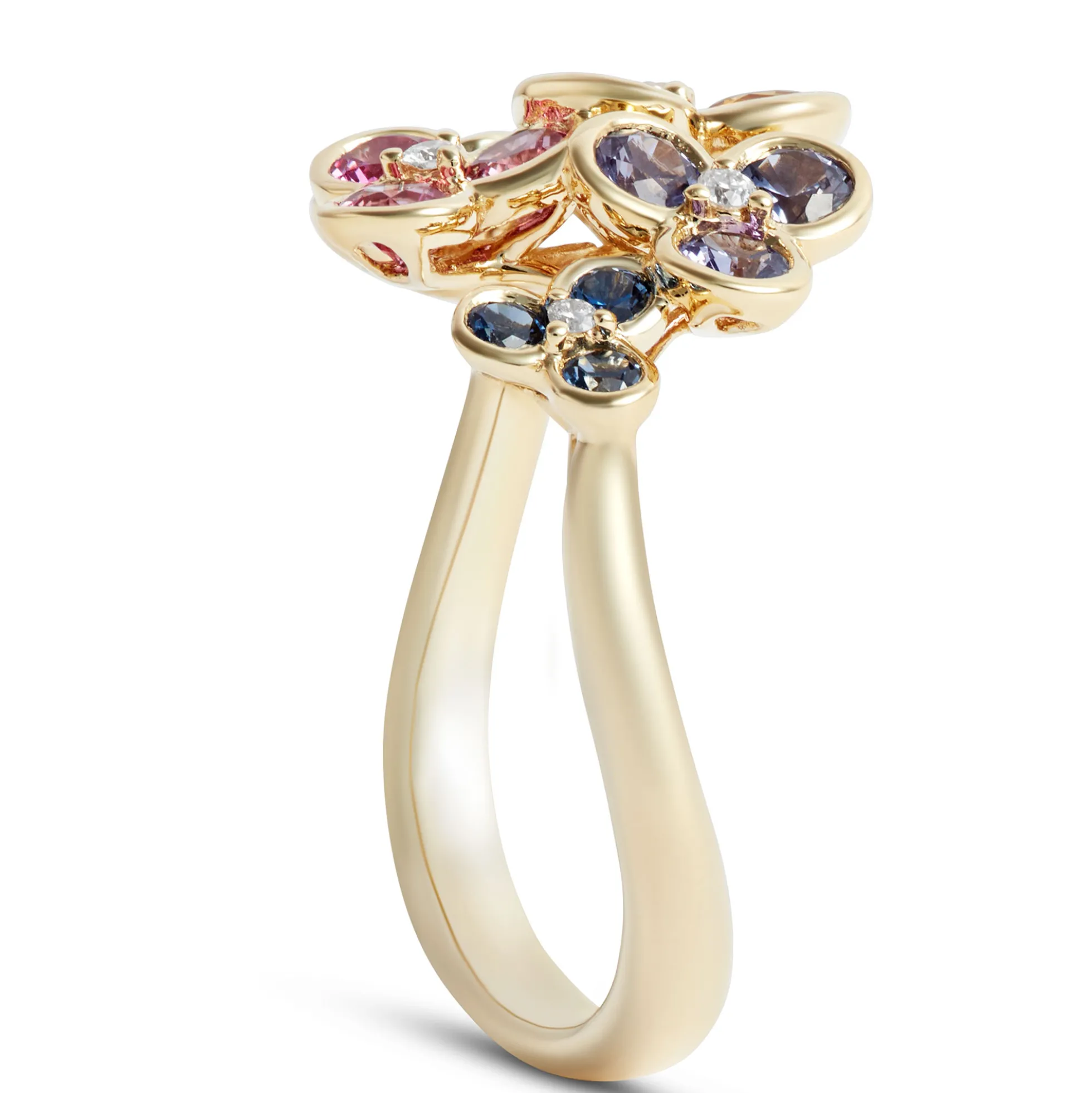 Floral Rainbow Sapphire Ring, 14k Yellow Gold