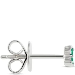 Floral Shape Emerald and Diamond Single Stud, 14K White Gold