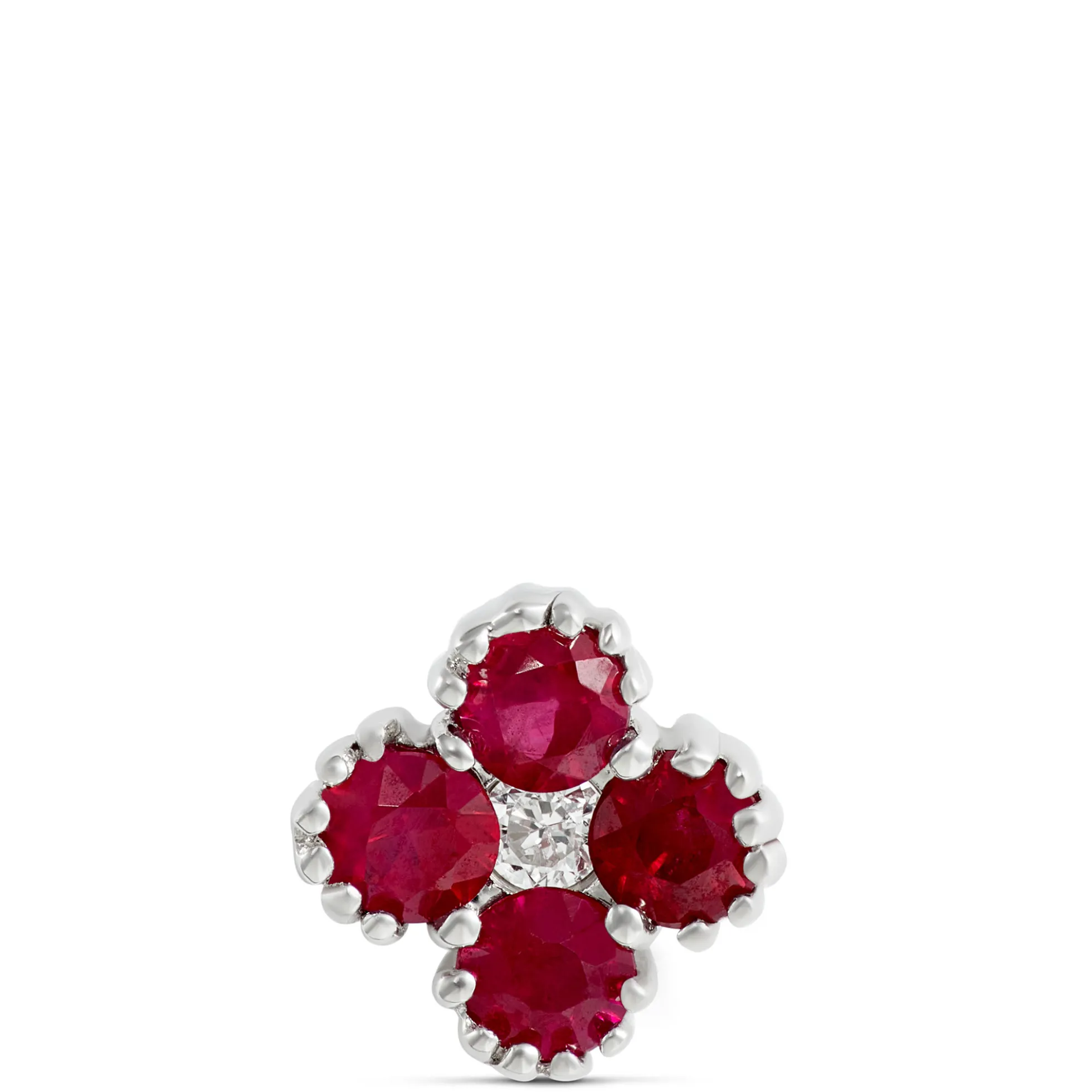 Floral Shape Ruby and Diamond Single Stud, 14K White Gold