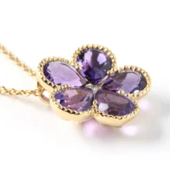 Flower Shaped Amethyst and Diamond Pendant, 14K Yellow Gold