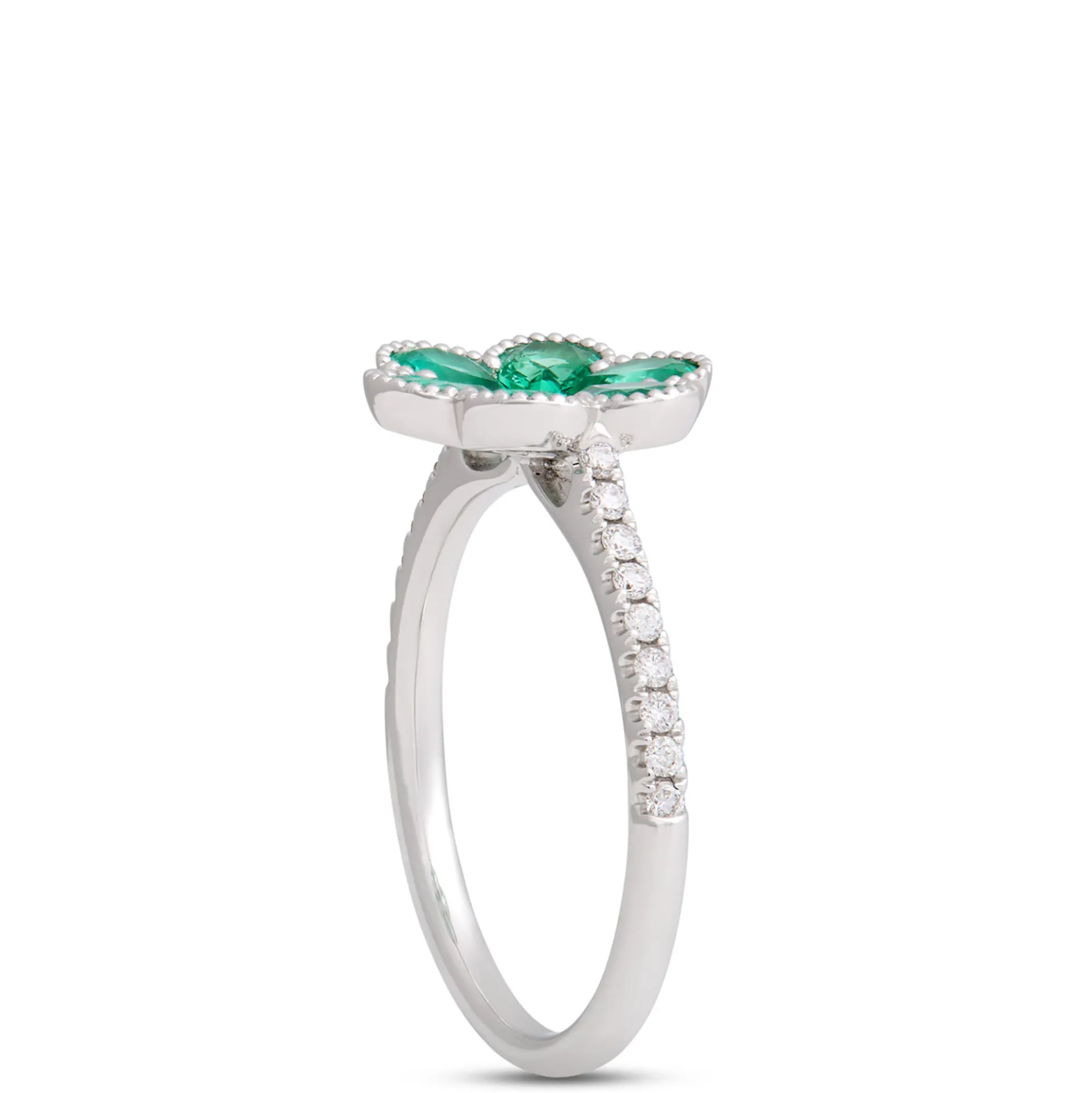 Flower Shaped Emerald Ring, 14K White Gold