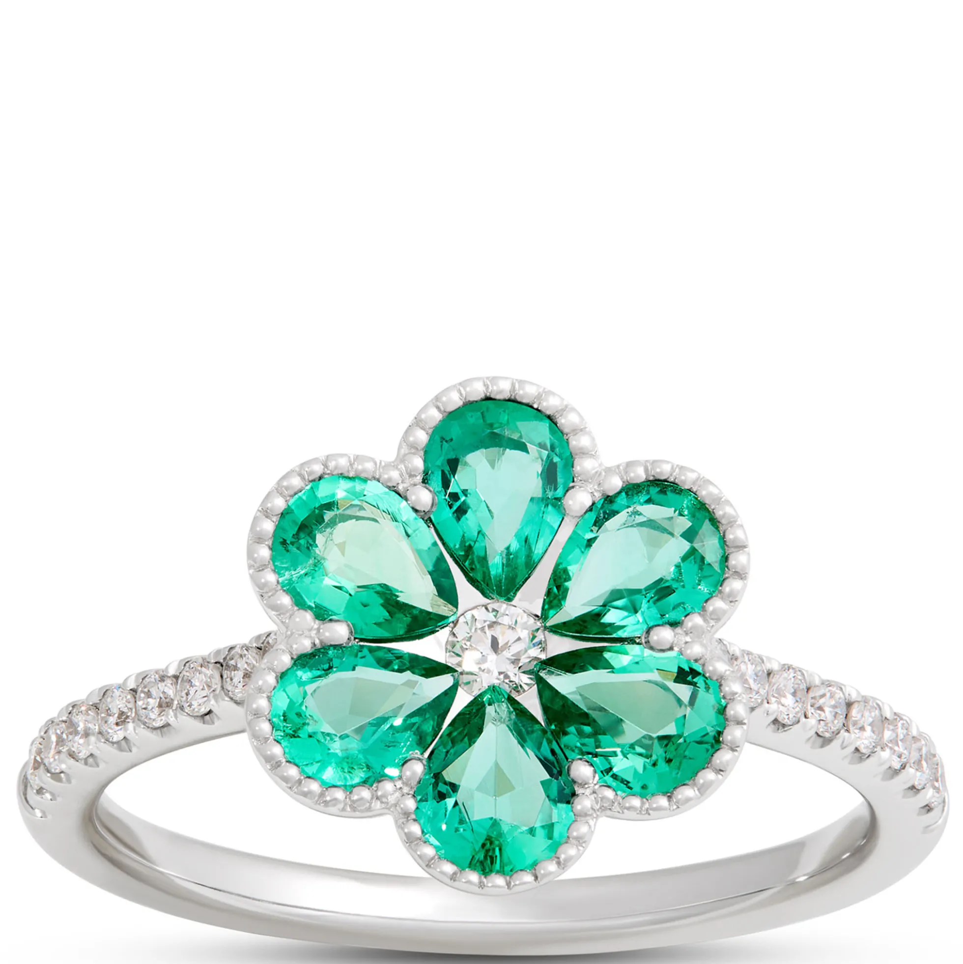 Flower Shaped Emerald Ring, 14K White Gold