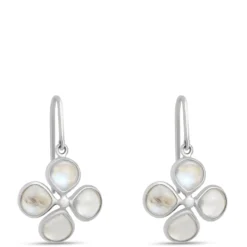Flower-Shaped Rainbow Moonstone Earrings, Sterling Silver