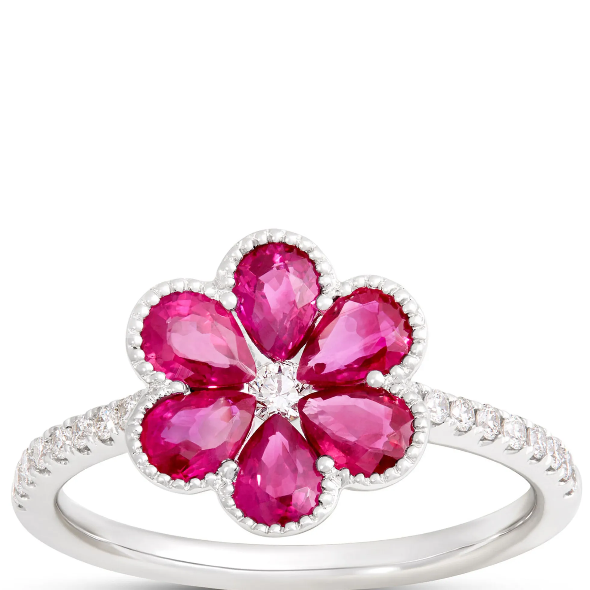 Flower Shaped Ruby Ring, 14K White Gold