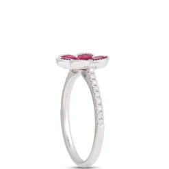 Flower Shaped Ruby Ring, 14K White Gold
