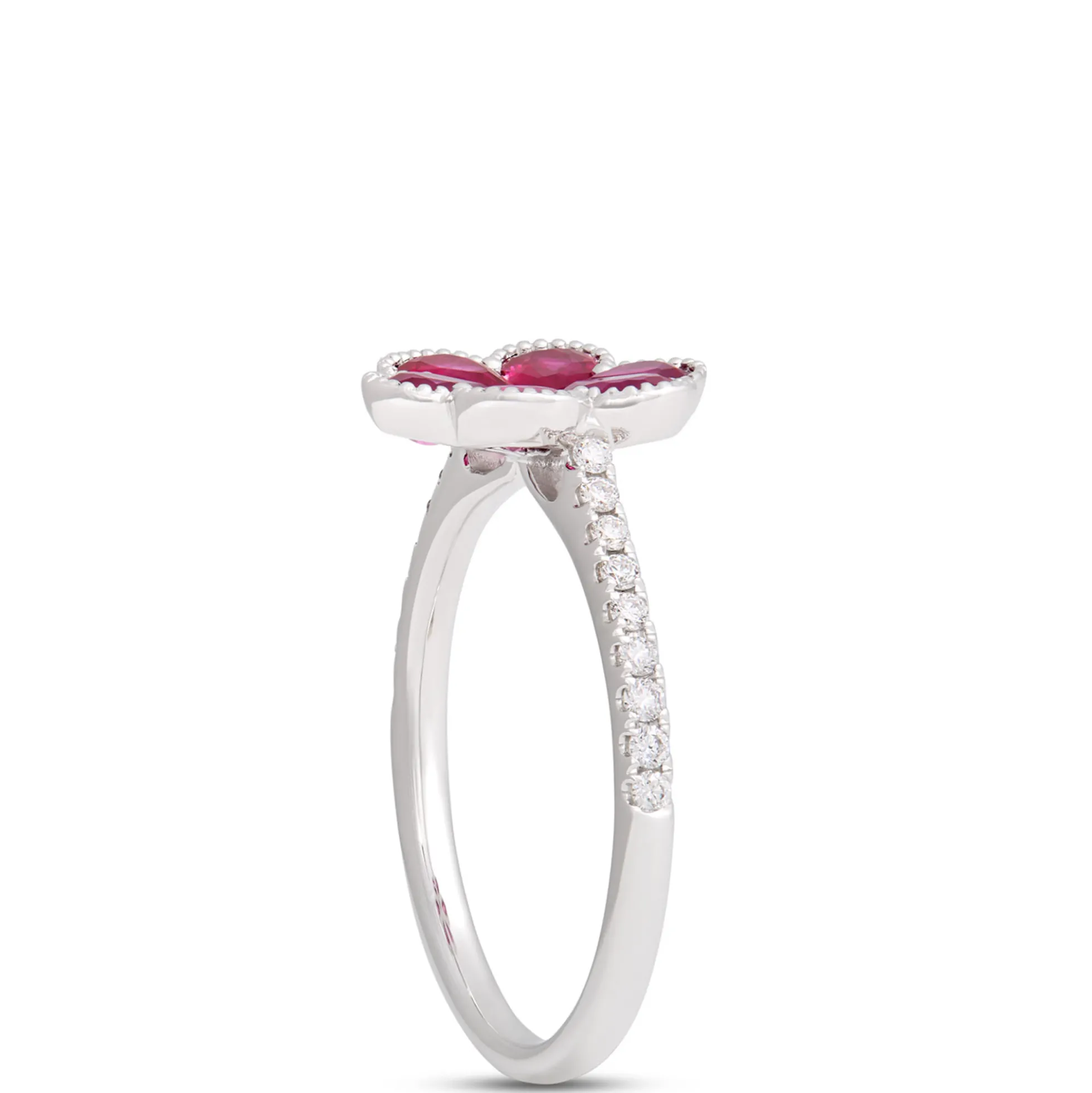 Flower Shaped Ruby Ring, 14K White Gold