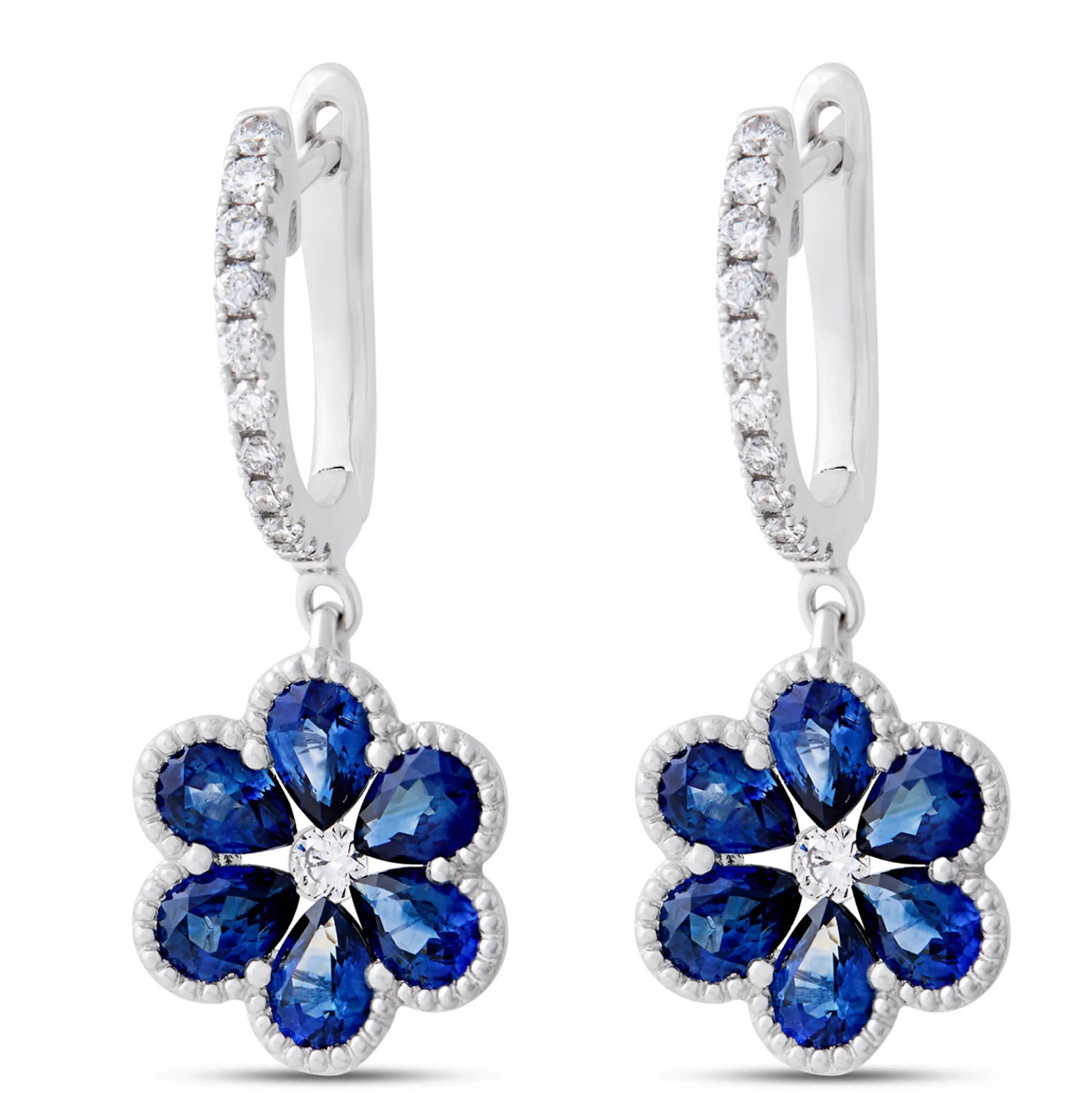 Flower Shaped Sapphire Earrings, 14K White Gold