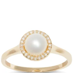 Freshwater Cultured Pearl Ring with Diamon Halo Setting, 14K Yellow Gold